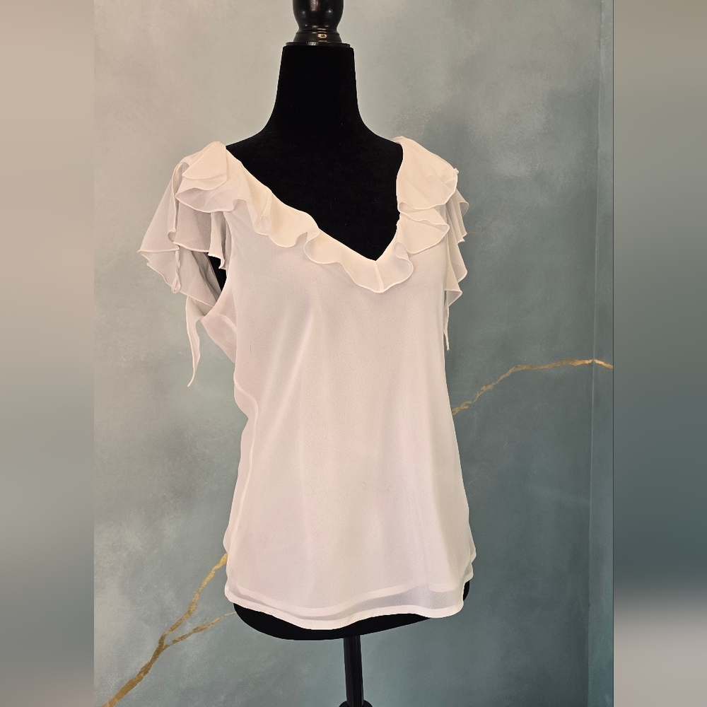 Bandolino White Semi Sheer Layered Flutter Neck Blouse S 4